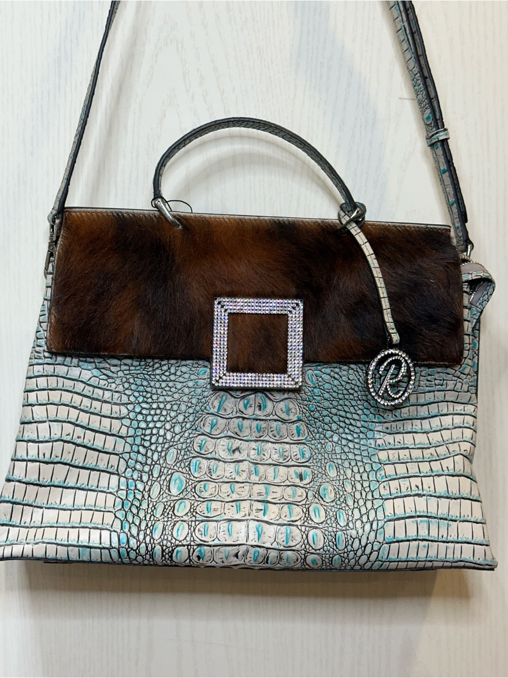 Raviani Luxury Turquoise Croc Embossed Leather Cowhide Hair-On Tote Bag NWT